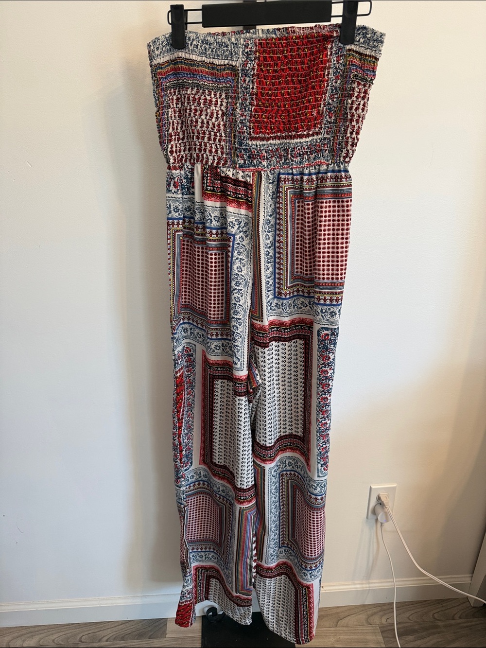 Pinky Strapless Smocked Patchwork Jumpsuit in Red, Blue, Cream Size Medium